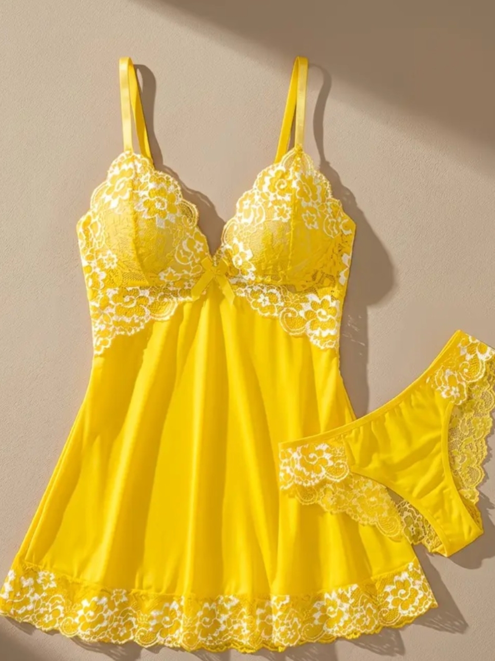 Yellow Lace Trim Babydoll Chemise Set - Women Intimates